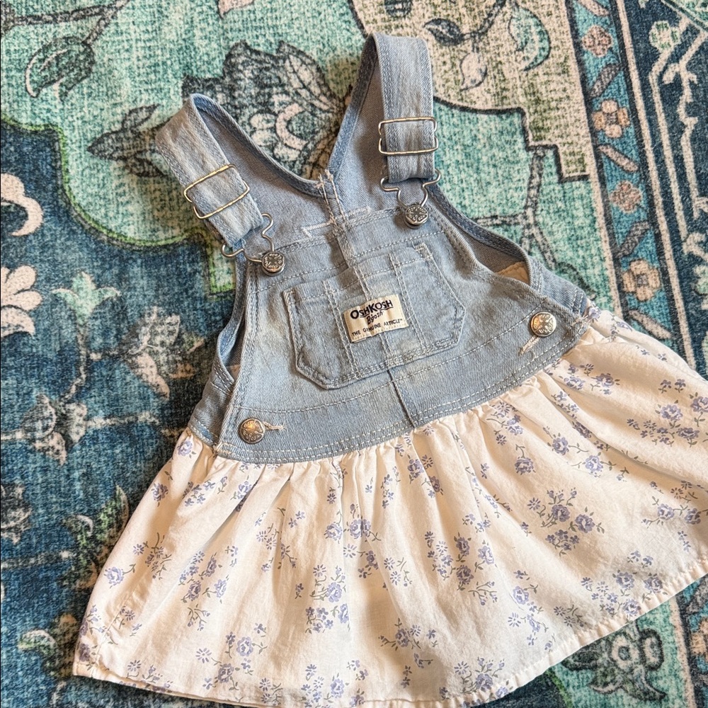 OshKosh B'gosh Light Blue Denim Bib with Cream Floral Skirt Overall Dress